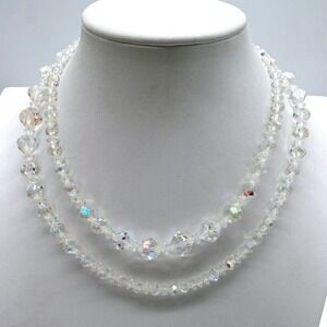 Vintage Aurora Borealis Crystal Glass Bead Long Opera Necklace